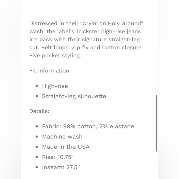 MOTHER THE TRICKSTER ANKLE CRYING ON HOLY GROUND HIGH RISE BUTTON FLY STRAIGHT - Picture 6 of 16